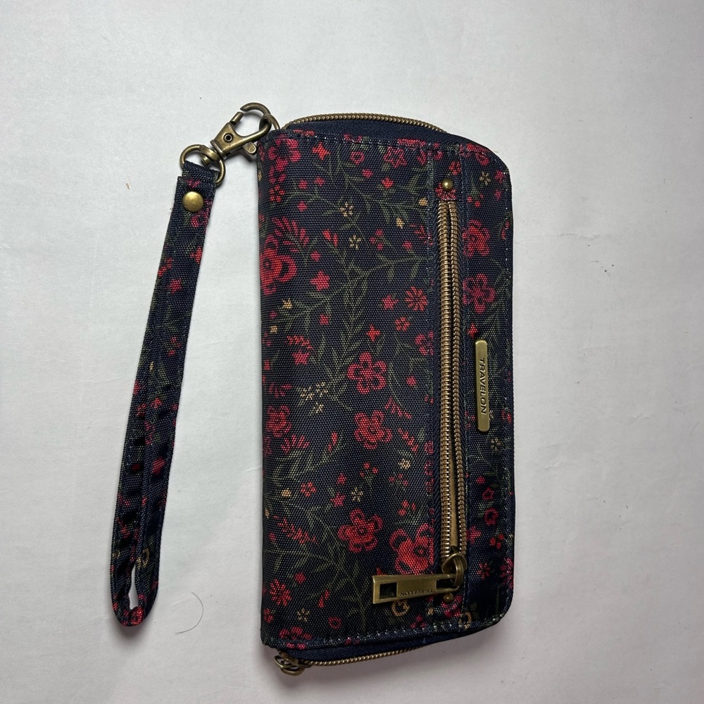 Travelon Black and Red Floral Wristlet Wallet